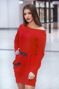 bawełniana sukienka z wiązaniem w pasie i ekspresami na rękawach (Czerwony)