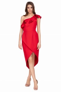 elegancka sukienka na jedno ramię z wydłużonym tyłem (Czerwony)
